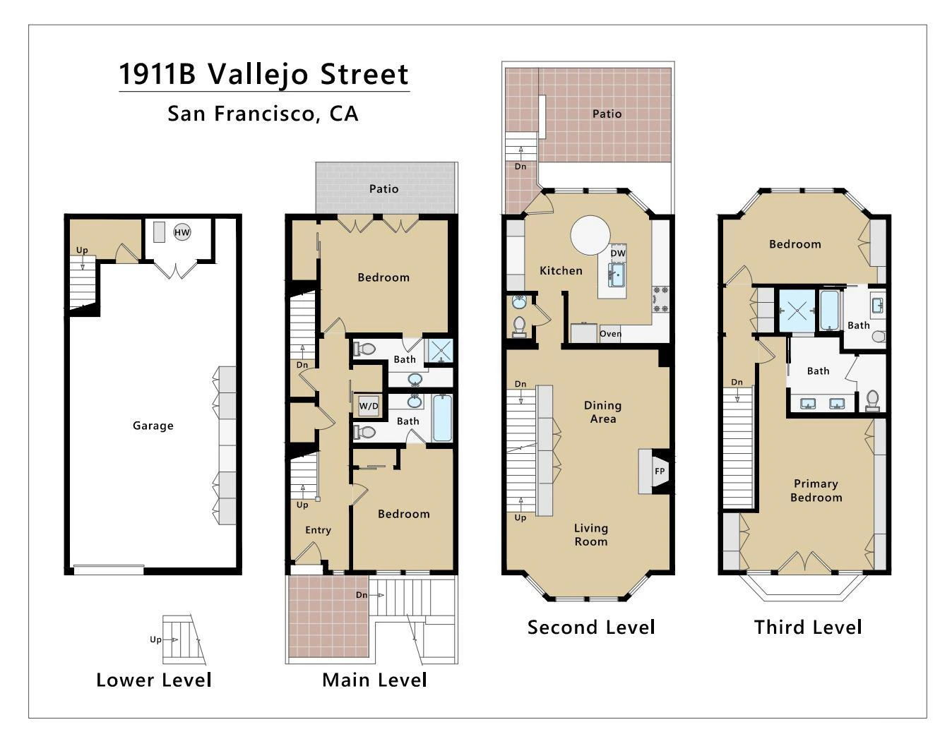 Four-level floor plan for 1911-B Vallejo Street showing the garage, bedrooms, living level, and primary suite