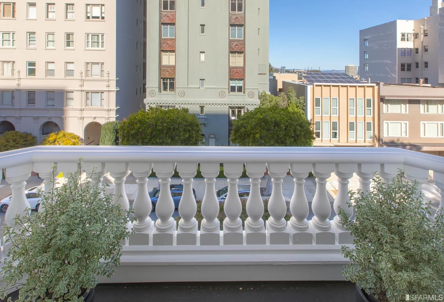 View across the Vallejo Street balustrade toward the northern San Francisco skyline