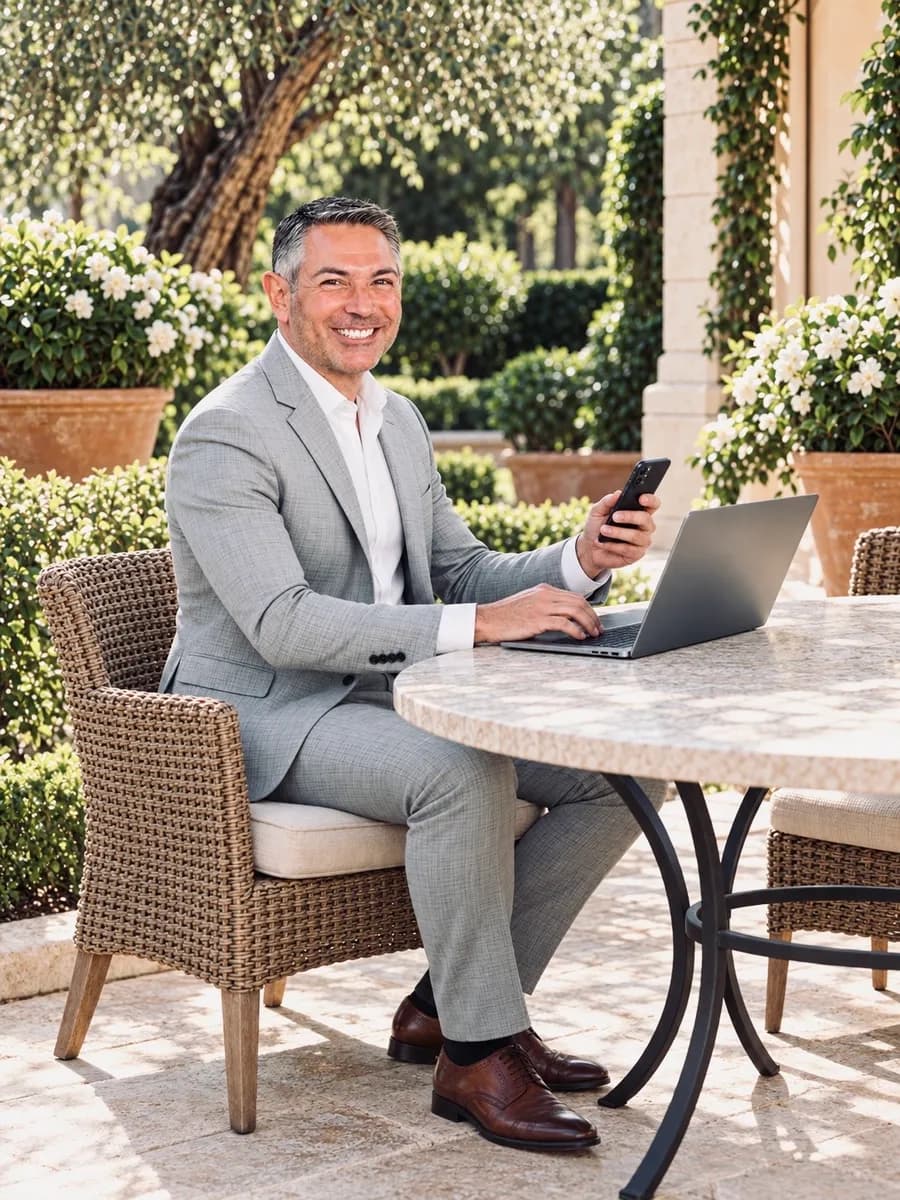 Nader Kazemi smiling at an outdoor table with his laptop