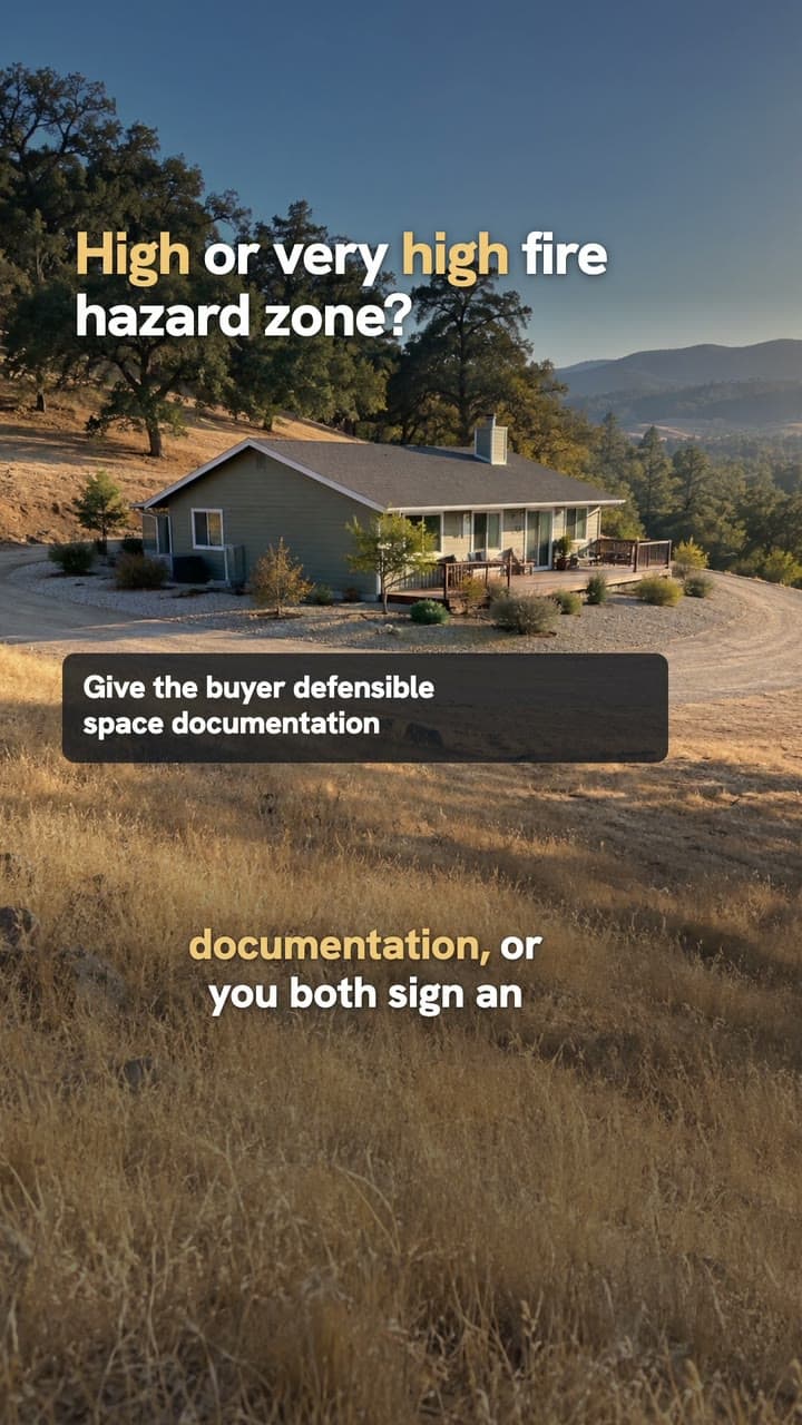 Video frame: a hillside home in dry grass with the fire hazard zone question