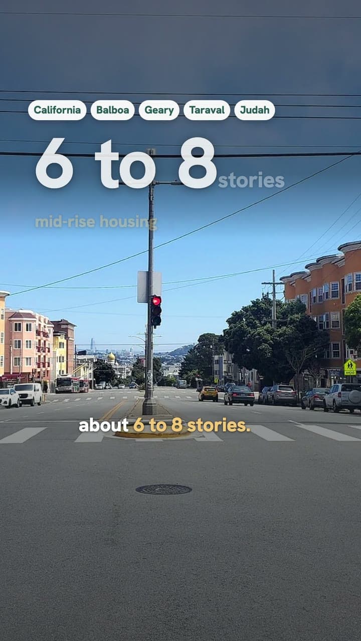 Video frame: a west side San Francisco boulevard with the 6 to 8 stories label