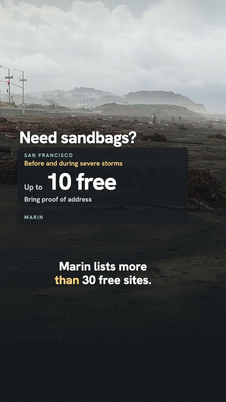 Video frame: a gray coastline after a storm with the free sandbag card