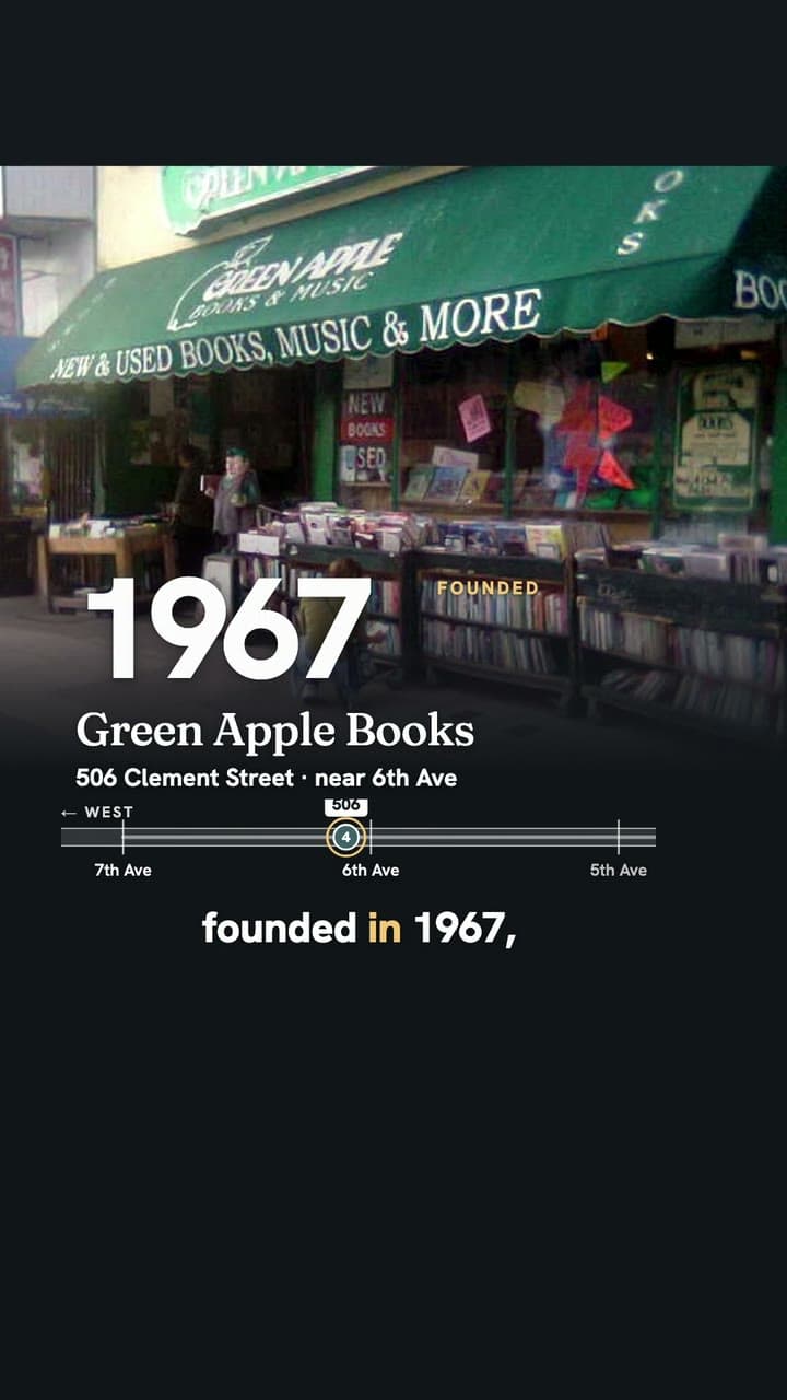 Video frame: the Green Apple Books storefront on Clement Street with its 1967 founding date