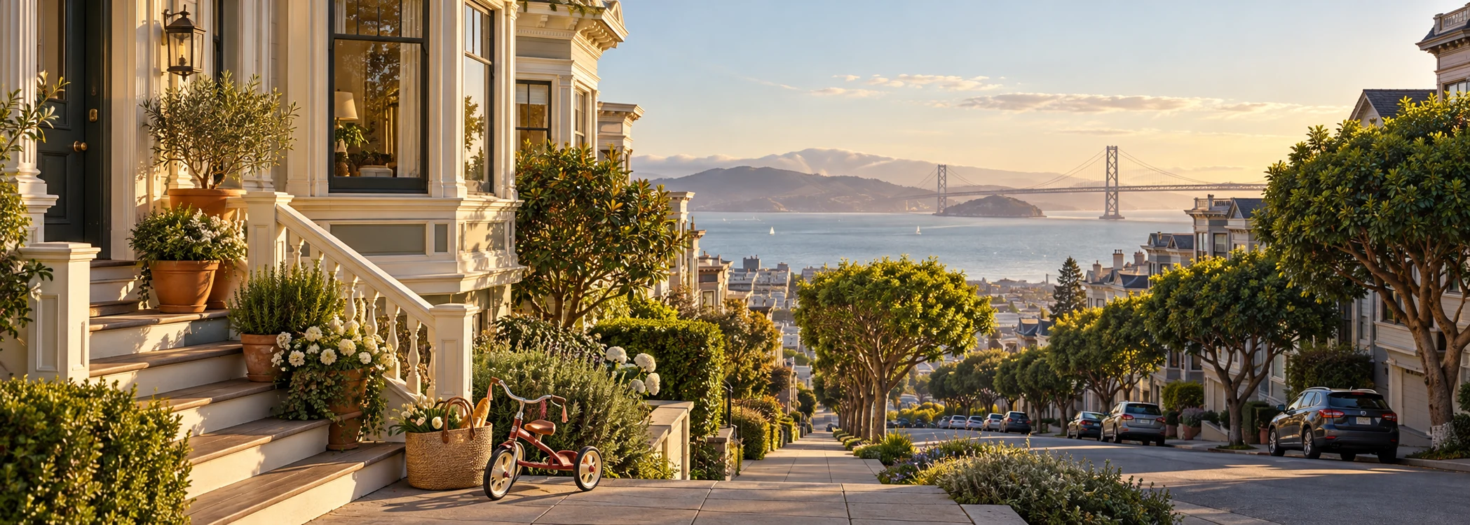 Illustrated San Francisco-style front steps with potted plants and a child’s tricycle, looking down a tree-lined street to the bay and a bridge in golden light