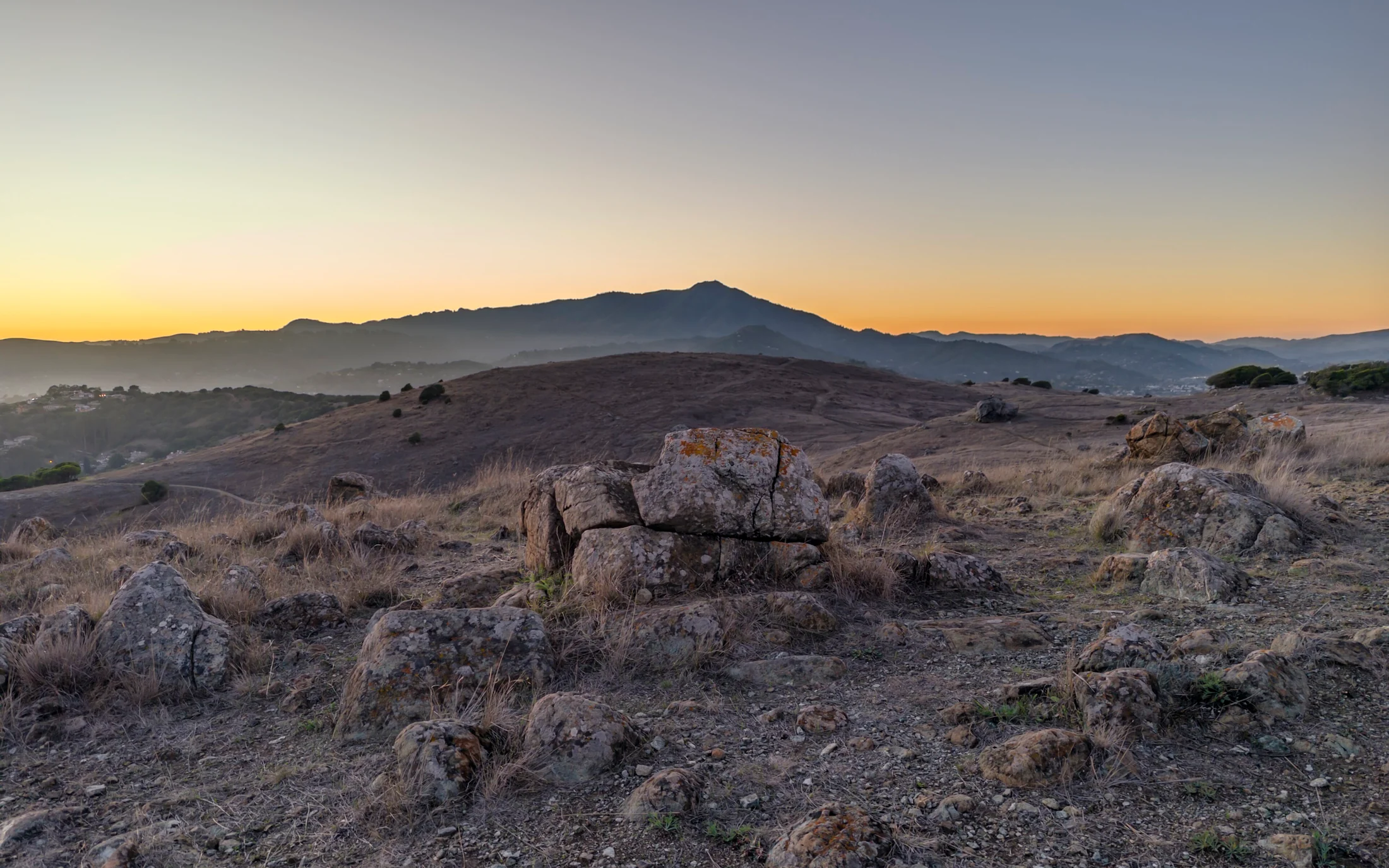 Ring Mountain Preserve and Mount Tamalpais at dusk.