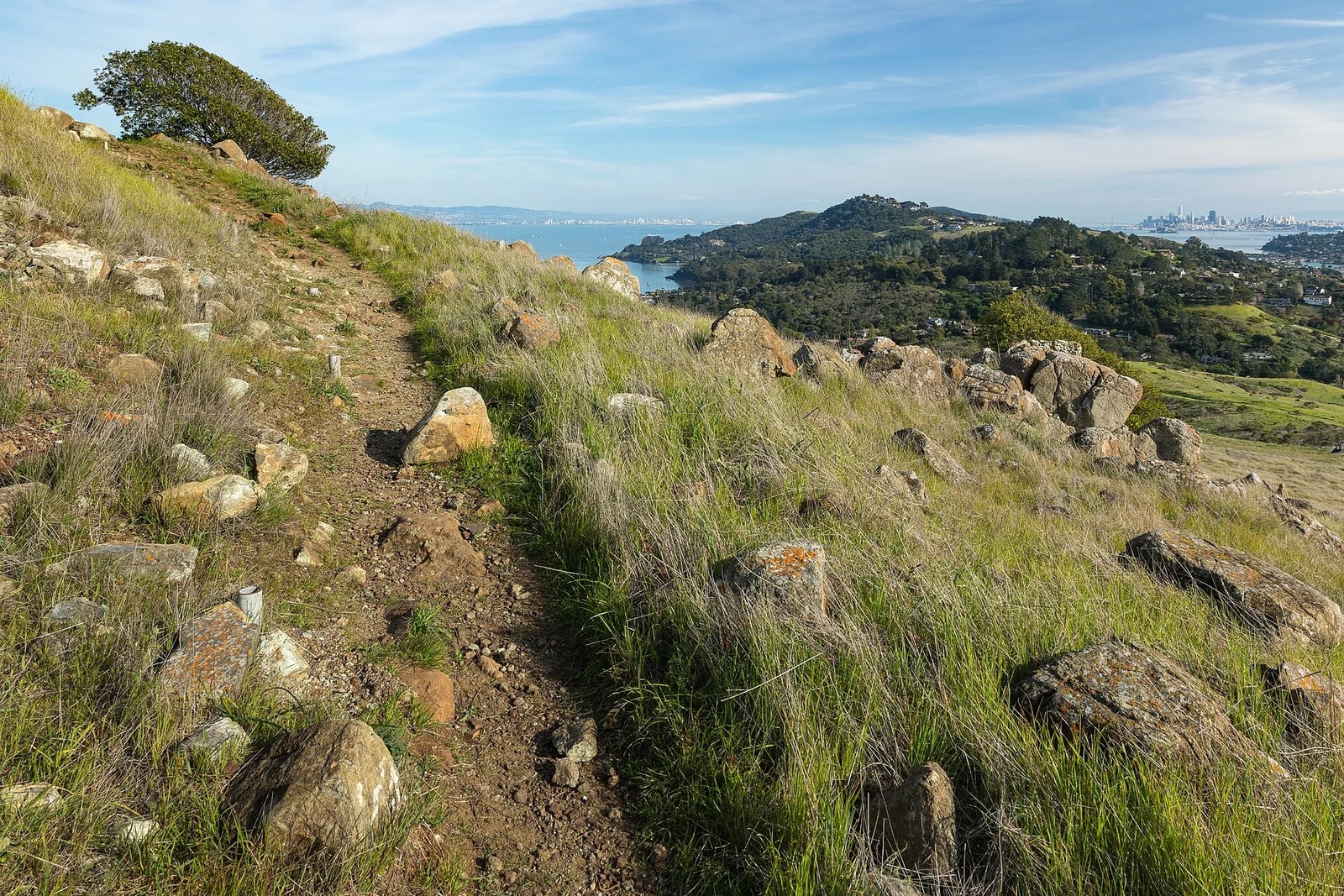 A rocky trail on Ring Mountain with the Tiburon Peninsula and Bay beyond.