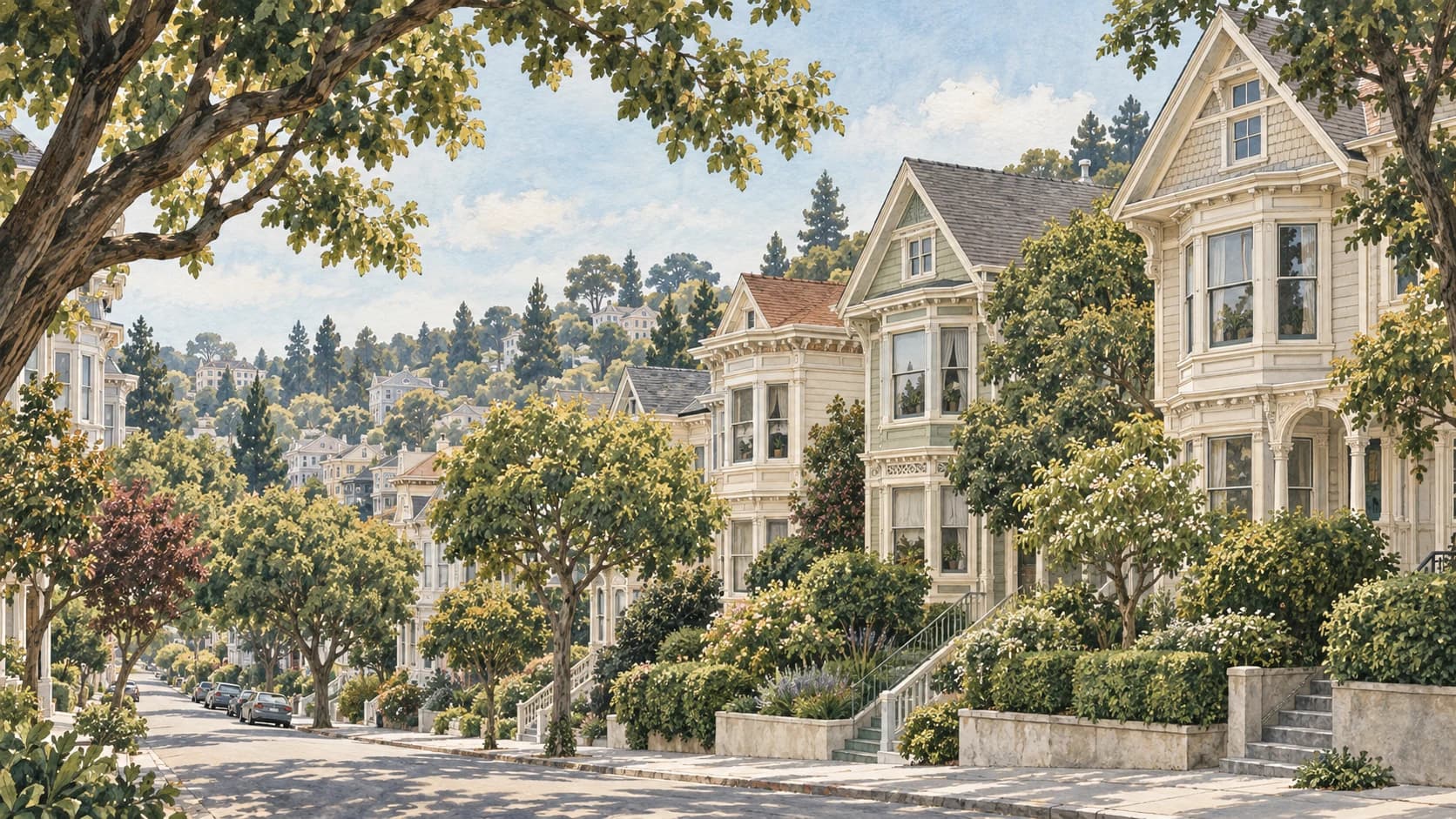 Illustrated Victorian homes and leafy streets inspired by Cole Valley